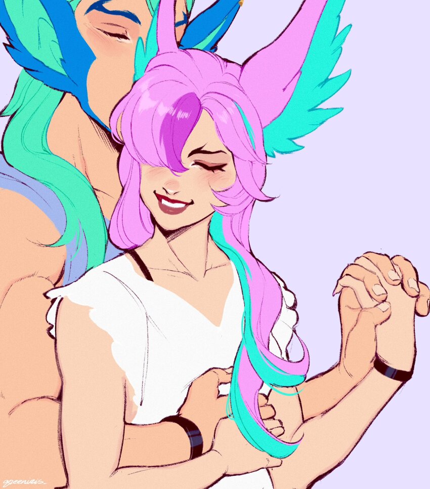 1boy, 1girl, alternate_costume, animal_ears, aqua_hair, aqua_streaks, blue_tank_top, blush