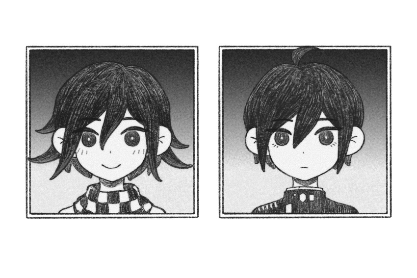 2boys, ahoge, blush, danganronpa_(series), danganronpa_v3:_killing_harmony, frown, grapeoolongteaaa, greyscale