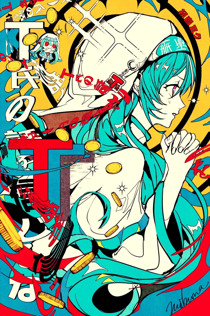 +_+, 1girl, 3kuma, aimaina, aqua_hair, capelet, chibi, coin