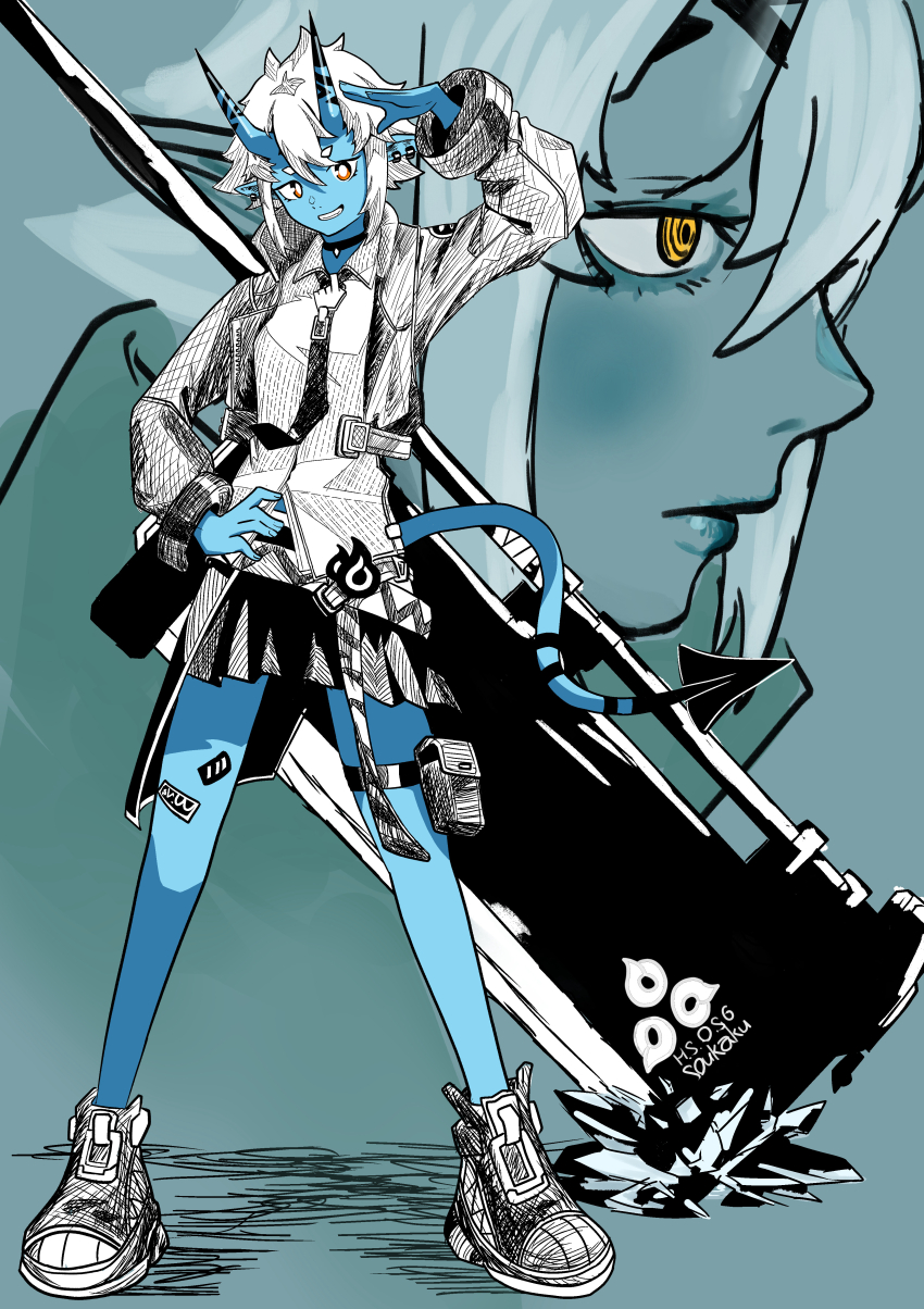 1girl, absurdres, bandages, blue_horns, blue_oni, blue_skin, blue_tail, colored_skin, demon_tail, hair_between_horns, hand_to_head, hand_up, highres, horns, huge_weapon, lolimasdayo, looking_at_viewer, looking_to_the_side, metal_arm_cuffs, multicolored_horns, necktie, oni, skin-covered_horns, smile, soukaku_(zenless_zone_zero), tail, two-tone_horns, weapon, weapon_on_floor, zenless_zone_zero