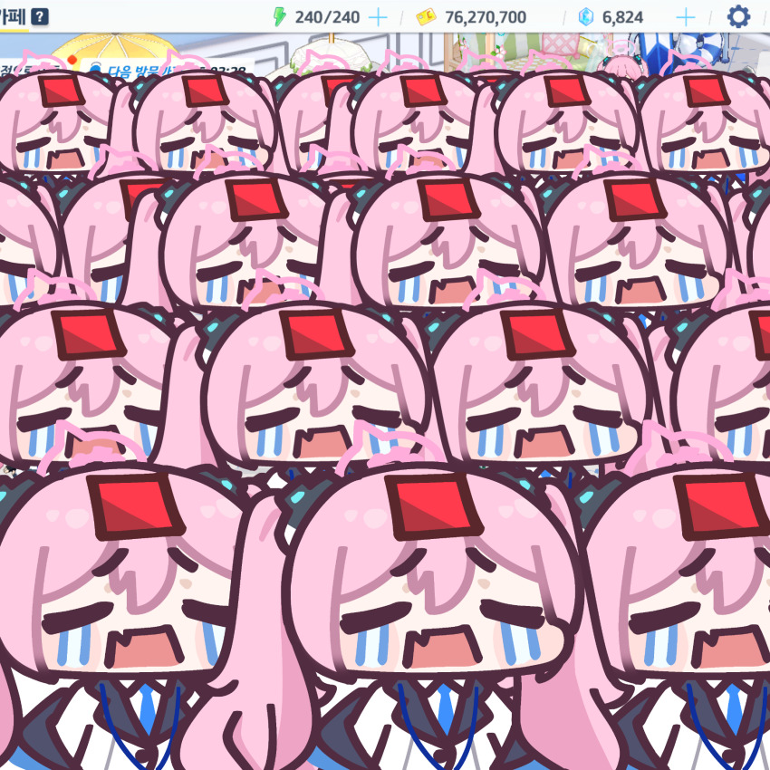 6+girls, blue_archive, blue_archive_2025_hack, blue_necktie, chibi, clone, closed_eyes, coconutcorn, crying, fang, game_screenshot_background, hair_between_eyes, halo, highres, jacket, koyuki_(blue_archive), multiple_girls, necktie, open_mouth, pink_hair, screenshot_background, shirt, skin_fang, streaming_tears, tears, too_many, twintails, white_jacket, white_shirt