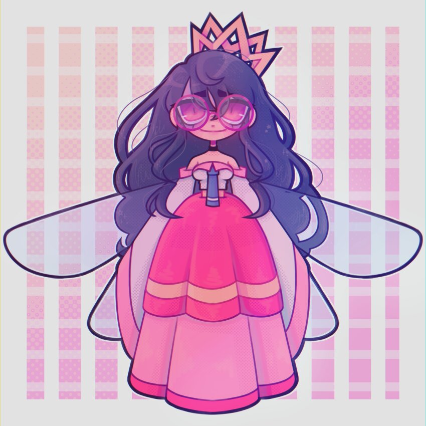 1girl, absurdres, black_hair, crown, dress, fairy, fairy_wings, galaxarch, glasses, highres, kirby_(series), kirby_64, long_hair, long_skirt, looking_at_viewer, midriff, nintendo, possessed, red_eyes, ripple_star_queen, skirt, smile, strapless, strapless_dress, wide_sleeves, wings
