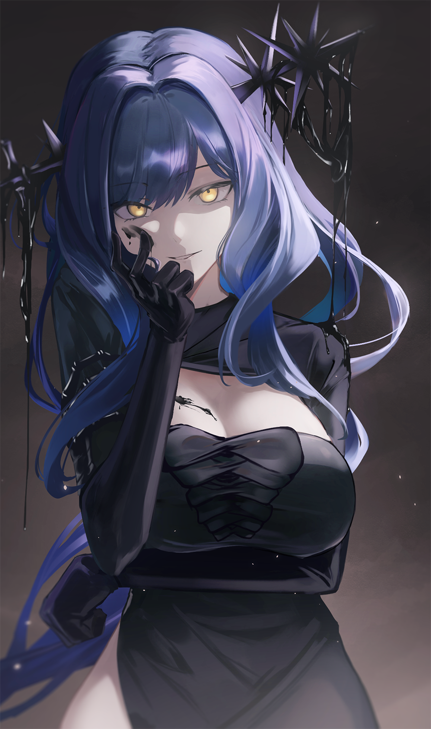 0gen3_illust, 1girl, arcana_(reverse:1999), arm_under_breasts, black_dress, black_gloves, black_liquid, blue_hair