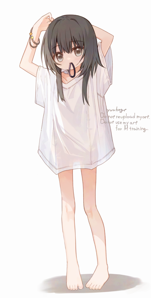 1girl, arms_up, artist_name, barefoot, black_hair, bottomless, commentary_request, full_body