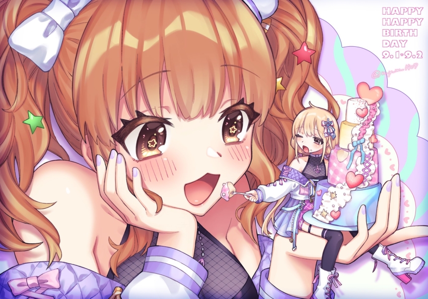 2girls, :3, birthday, blonde_hair, blush, bow, cake, fingernails