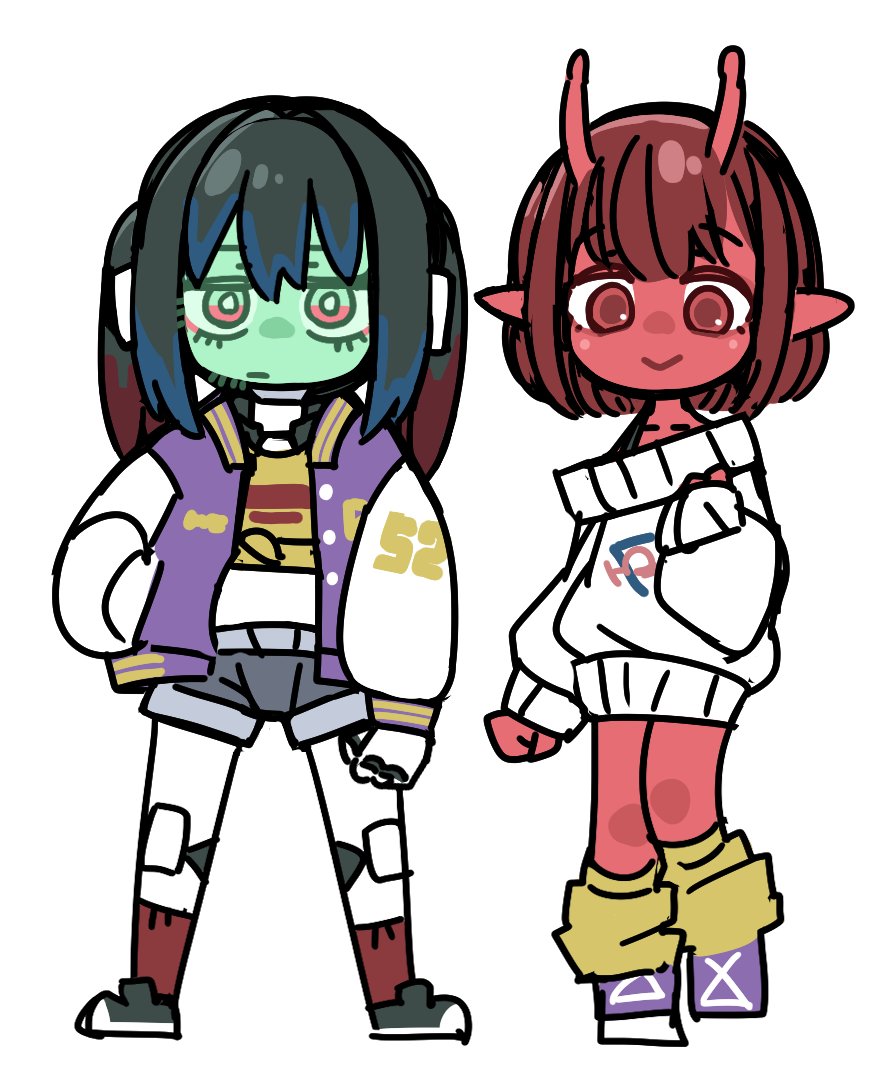 2girls, android, antennae, baggy_clothes, black_hair, bob_cut, brown_hair, colored_skin