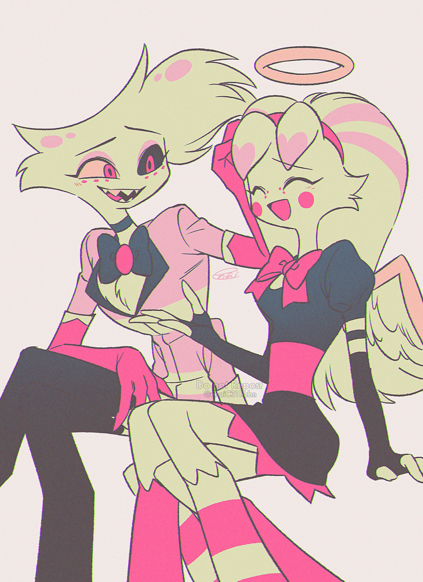 1boy, 1girl, :d, ^_^, absurdres, angel_dust, arm_support, black_bow