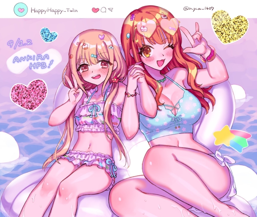 2girls, :3, \m/, bikini, birthday, blonde_hair, blush, breasts, brown_eyes, cleavage, eyewear_on_head, futaba_anzu, hair_over_shoulder, hand_up, happy_birthday, heart, heart-shaped_eyewear, highres, idolmaster, idolmaster_cinderella_girls, koyuki_suzu, long_hair, looking_at_viewer, low_twintails, moroboshi_kirari, multiple_girls, navel, one_eye_closed, open_mouth, orange_hair, sitting, smile, sticker_on_hair, sunglasses, swimsuit, twintails, twitter_username, v, water