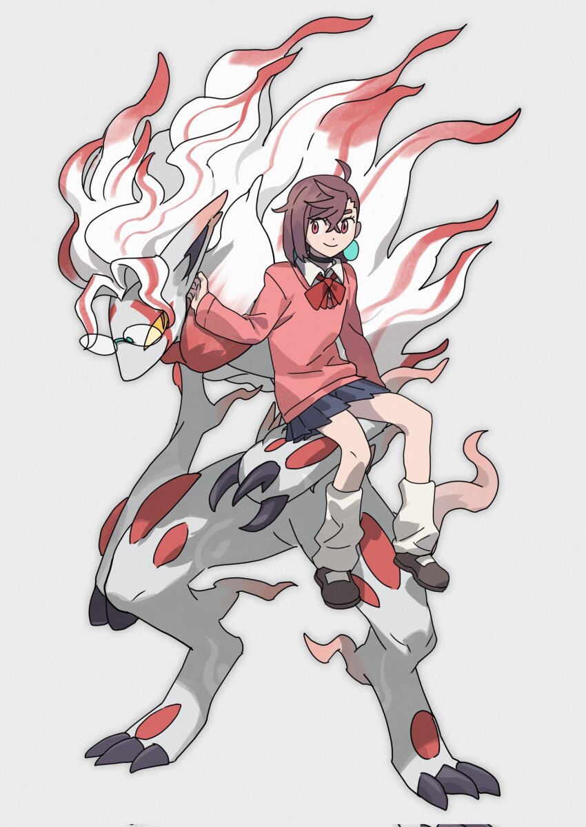 1boy, 1girl, animalization, ayase_momo, black_choker, blue_skirt, bow, bowtie