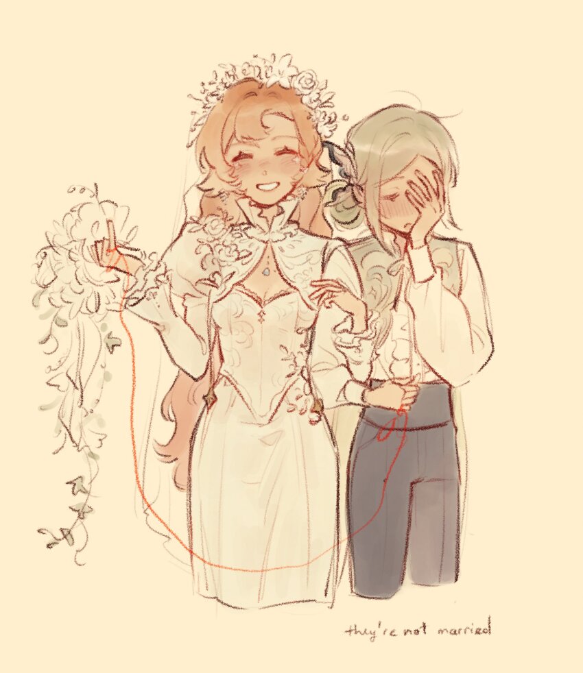 2girls, black_pants, blush, breasts, bride, cleavage, closed_eyes, closed_mouth