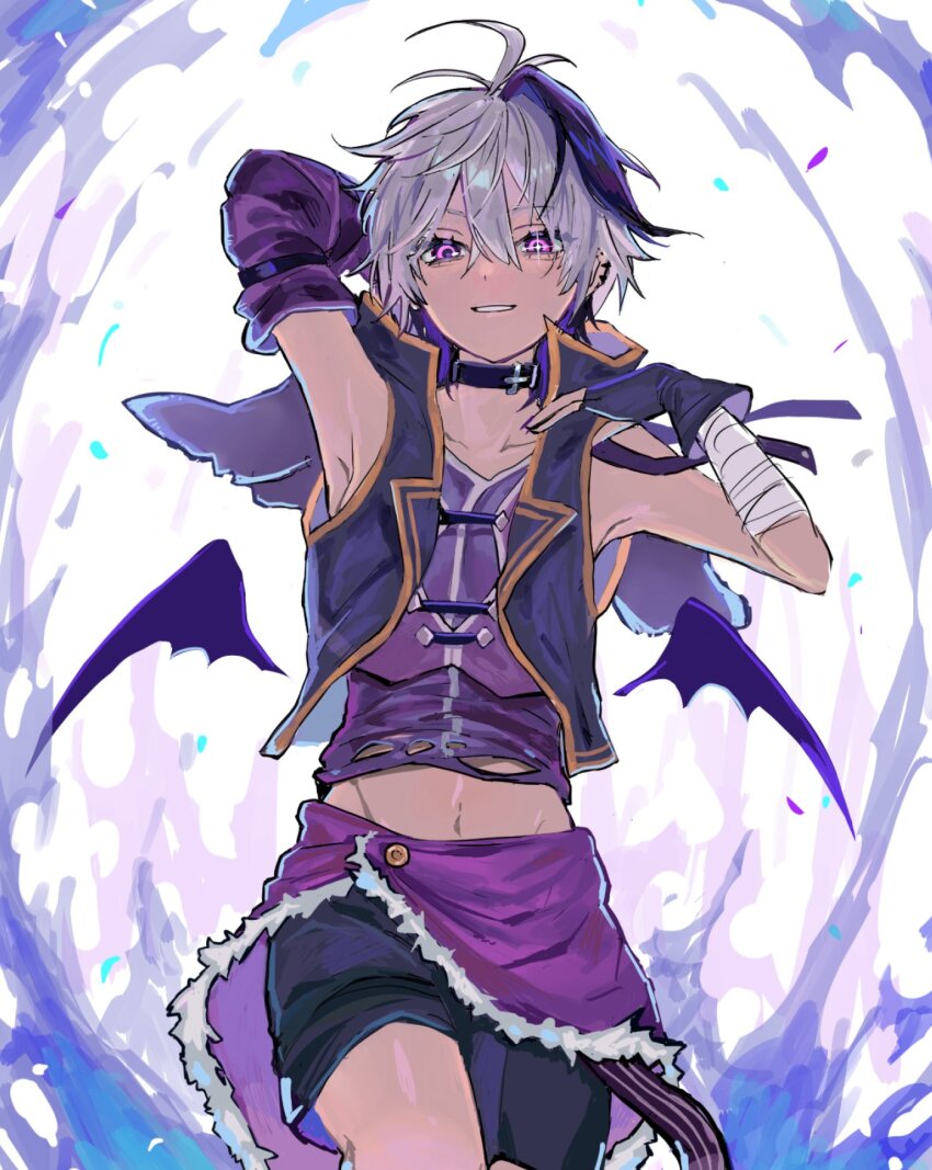 1girl, androgynous, arm_behind_head, arm_warmers, armpits, bandaged_arm, bandages, bare_shoulders