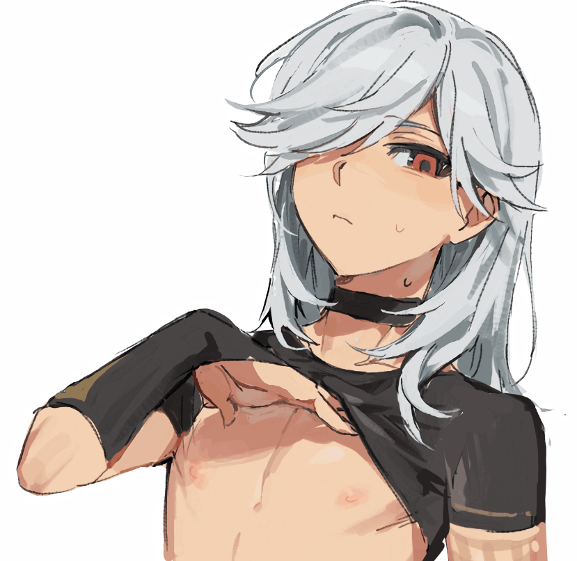 1boy, black_choker, black_gloves, blush, choker, closed_mouth, clothes_lift, cyno_(genshin_impact)