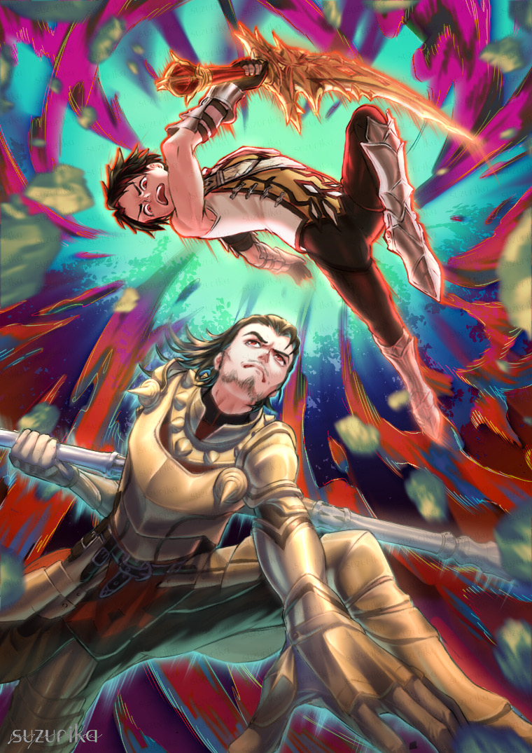 2boys, aleksander_ryback, armor, armored_boots, black_hair, boots, father_and_child, father_and_son