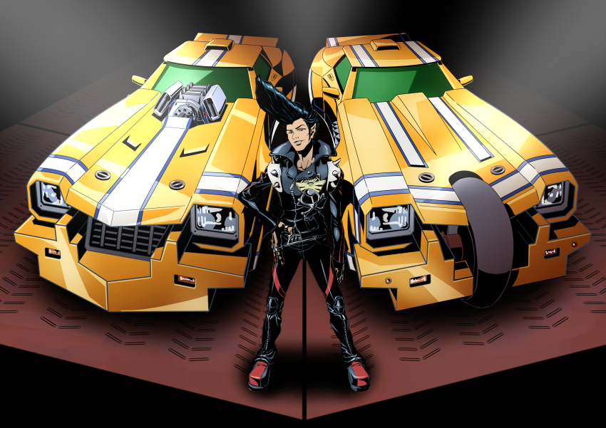 1boy, absurdres, arm_at_side, belt_buckle, black_hair, black_jacket, black_pants, brown_eyes