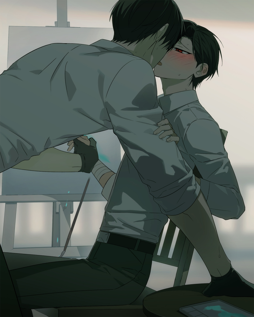 2boys, ariake_(ooe), bandages, belt, black_belt, black_gloves, black_hair, black_pants