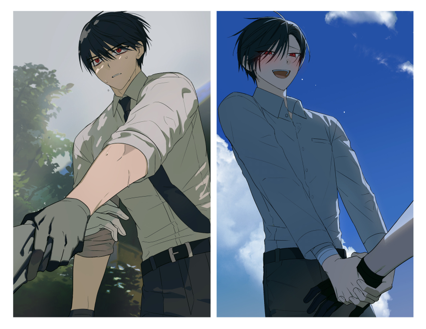 1boy, 2boys, :d, ariake_(ooe), belt, black_belt, black_gloves, black_hair