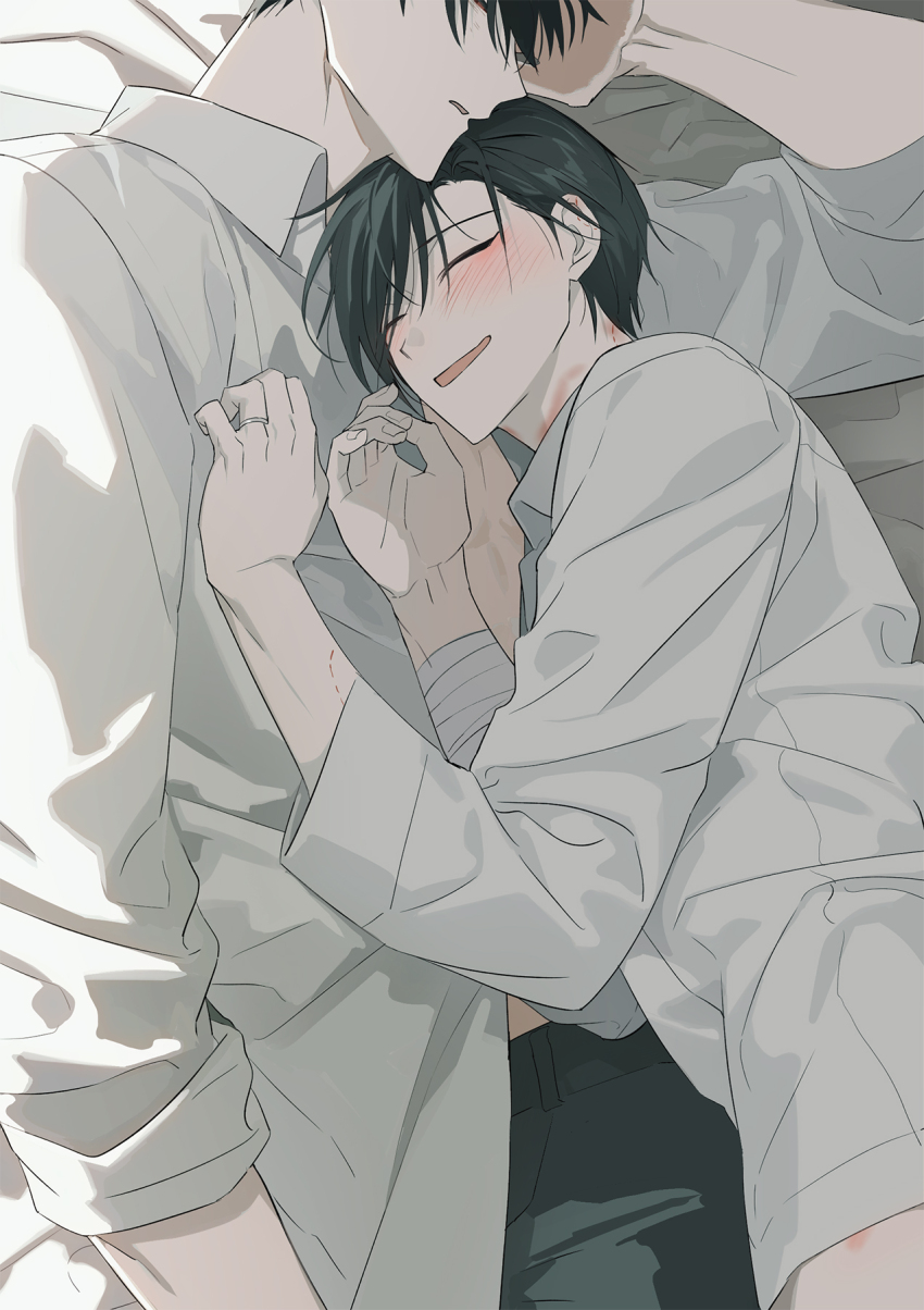 2boys, ariake_(ooe), bandages, black_hair, blush, closed_eyes, collared_shirt, cuddling