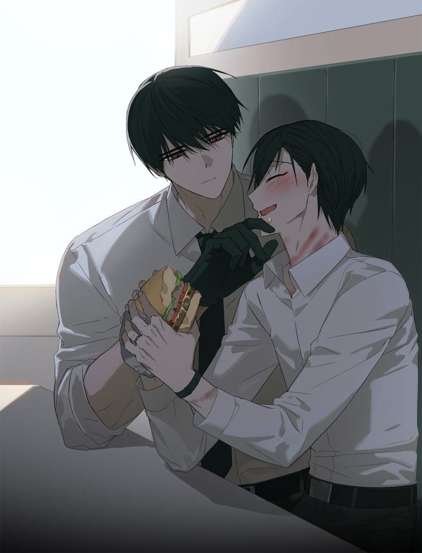 2boys, ariake_(ooe), belt, bite_mark, black_belt, black_gloves, black_hair, black_necktie