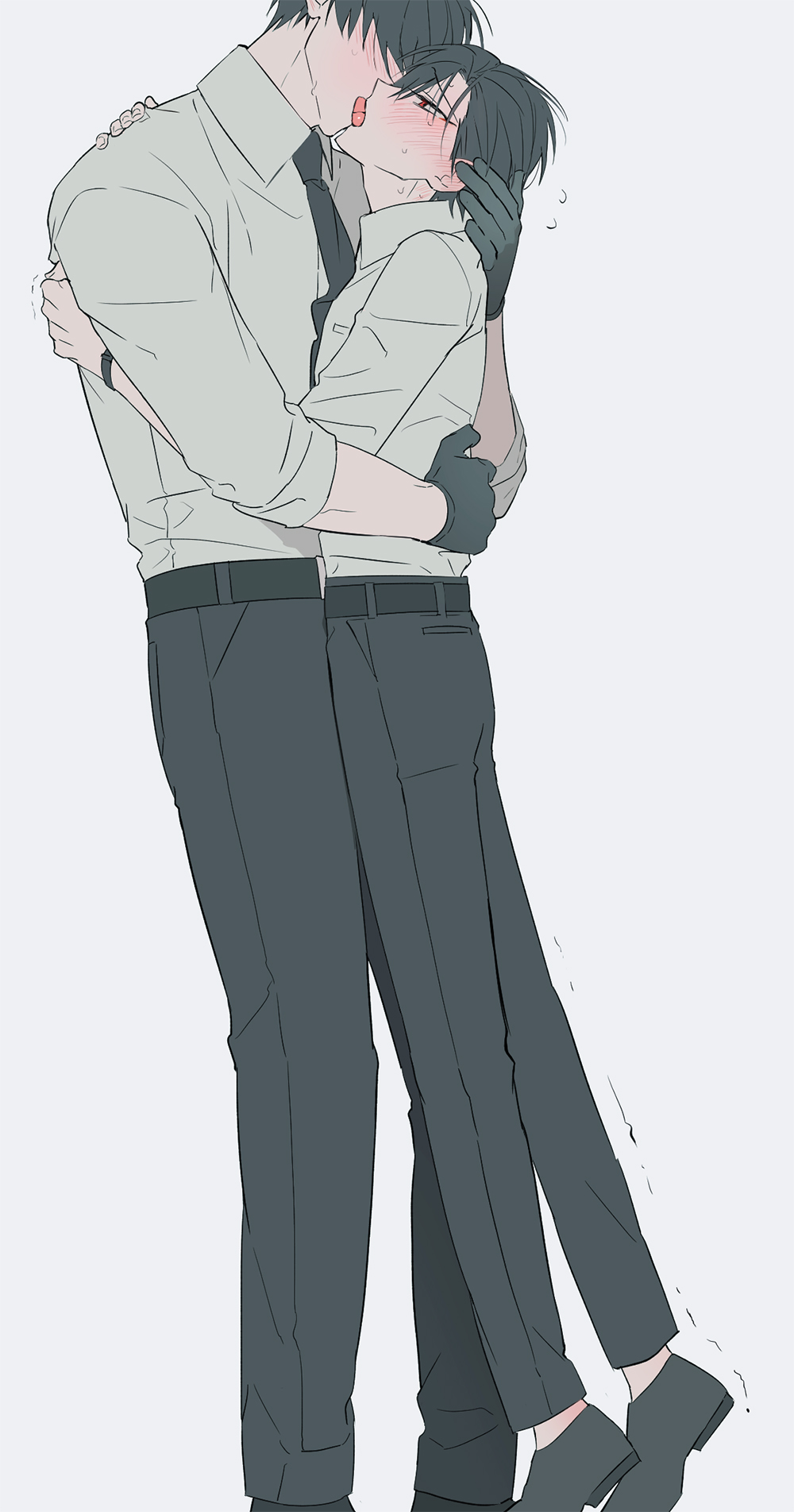 2boys, ariake_(ooe), belt, black_gloves, black_hair, black_necktie, black_pants, blush, closed_eyes, collared_shirt, french_kiss, full_body, glasses, gloves, height_difference, highres, hug, kiss, llikothcihw, male_focus, multiple_boys, necktie, ooe_(game), oosaki_(ooe), pants, shirt, shoes, short_hair, simple_background, standing, tongue, tongue_out, trembling, white_background, white_shirt, yaoi