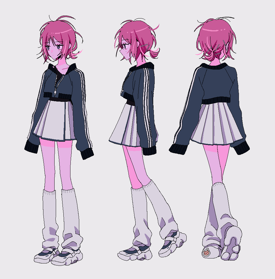 1girl, alternate_costume, alternate_footwear, alternate_hairstyle, arms_at_sides, black_jacket, black_shirt, closed_mouth