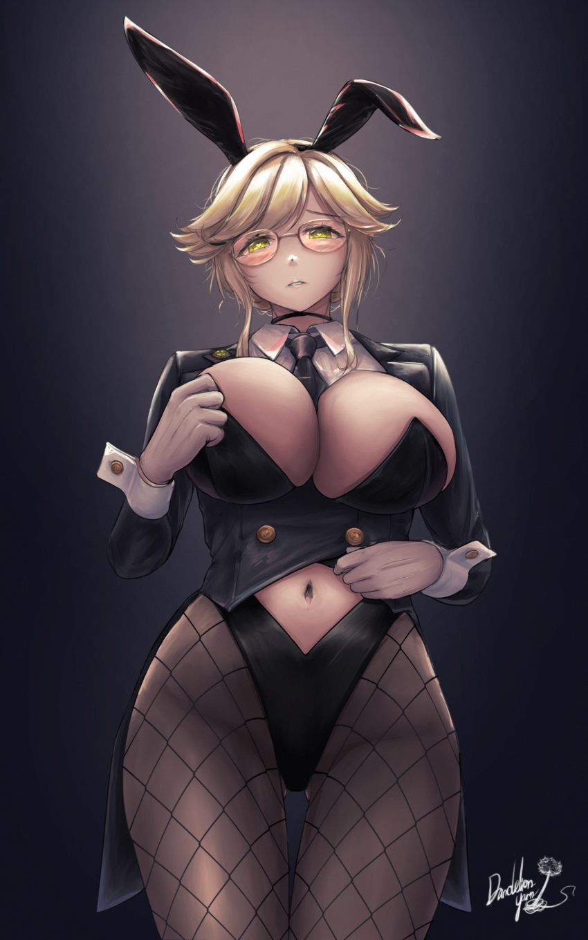 1girl, absurdres, ade_(agent_bunny)_(nikke), ade_(nikke), animal_ear_hairband, animal_ears, between_breasts, black_background, black_choker, black_jacket, black_leotard, black_necktie, blonde_hair, blush, braid, breasts, bun_with_braided_base, choker, cleavage, clothes_between_breasts, clothing_cutout, coattails, collared_shirt, commentary, cowboy_shot, crop_top, dandelion_yarn, fake_animal_ears, fishnet_pantyhose, fishnets, glasses, gloves, gluteal_fold, goddess_of_victory:_nikke, green_eyes, hair_bun, hairband, heart, heart-shaped_pupils, highleg, highleg_leotard, highres, jacket, large_breasts, leotard, long_hair, long_sleeves, looking_at_viewer, navel, navel_cutout, necktie, necktie_between_breasts, official_alternate_costume, pantyhose, parted_lips, playboy_bunny, rabbit_ear_hairband, rabbit_ears, shirt, sidelocks, signature, single_hair_bun, solo, standing, strapless, strapless_leotard, symbol-shaped_pupils, tailcoat, undersized_breast_cup, white_gloves, white_shirt, white_wrist_cuffs, wrist_cuffs