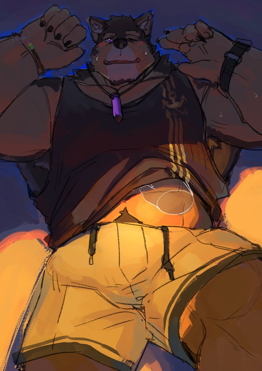 1boy, absurdres, animal_ears, black_shirt, black_tank_top, blush, brown_shorts, bulge