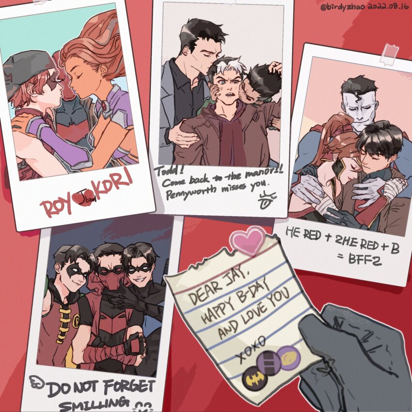 arsenal_(dc), artemis_of_bana-mighdall, backwards_hat, batman, batman_(series), batman_symbol, birdyzhao_re, bizarro_ii, black_cape, black_gloves, black_hair, blue_eyes, bodysuit, brothers, bruce_wayne, cape, cowl, damian_wayne, dc_comics, dick_grayson, domino_mask, eye_mask, gloves, green_eyes, grey_bodysuit, hat, highres, jason_todd, long_hair, mask, multicolored_bodysuit, muscular, muscular_male, nightwing, open_mouth, pectorals, red_hair, red_hood_(dc), red_hood_and_the_outlaws, red_mask, robin_(dc), roy_harper, shirt, short_hair, siblings, simple_background, smile, starfire, superhero_costume, taut_bodysuit, tim_drake, two-tone_bodysuit