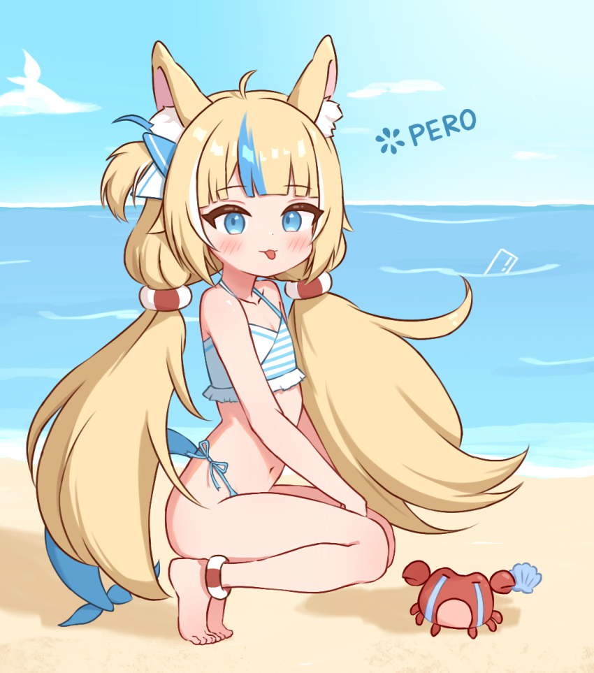 animal_ear_fluff, animal_ears, barefoot, beach, bikini, blonde_hair, blue_eyes, breasts