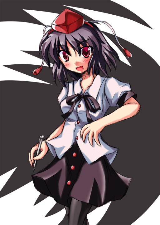 1girl, black_pantyhose, blush, female_focus, looking_at_viewer, open_mouth, pantyhose, shameimaru_aya