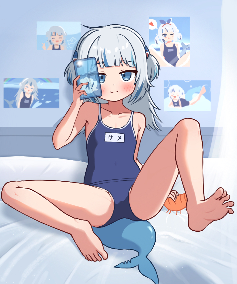 1girl, blue_eyes, blue_one-piece_swimsuit, feet, fins, fish_tail, gawr_gura, gba_jasjas
