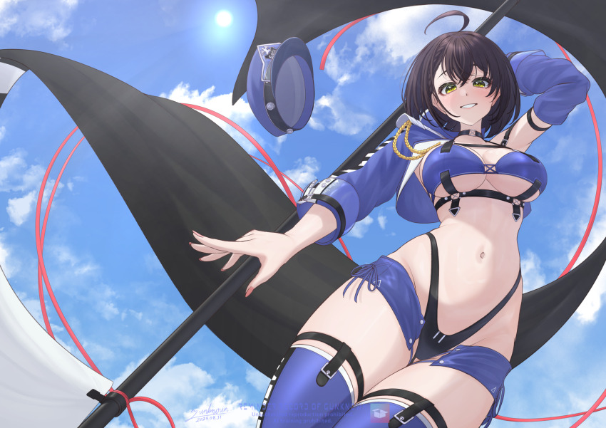 1girl, ahoge, arm_up, azur_lane, baltimore_(azur_lane), baltimore_(finish_line_flagbearer)_(azur_lane), bikini, black_bikini