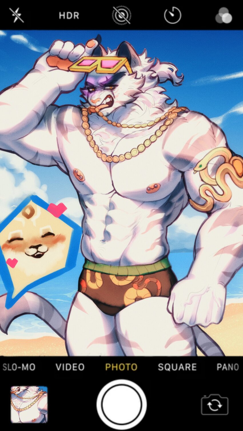 2boys, abs, absurdres, animal_ears, bara, beach, black_male_swimwear, blue_sky