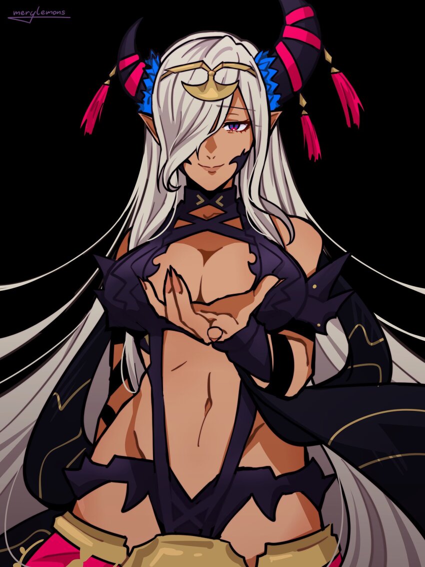 1girl, asymmetrical_horns, bare_shoulders, black_background, breasts, cleavage, closed_mouth, dark_skin, dragon_girl, fire_emblem, fire_emblem_engage, hair_ornament, hair_over_one_eye, highres, horns, large_breasts, long_hair, looking_at_viewer, mature_female, merylemons, navel, nintendo, pointy_ears, purple_eyes, purple_ribbon, revealing_clothes, ribbon, simple_background, slit_pupils, smile, solo, stomach, tan, tassel, tassel_hair_ornament, uneven_horns, very_long_hair, zephia_(fire_emblem)