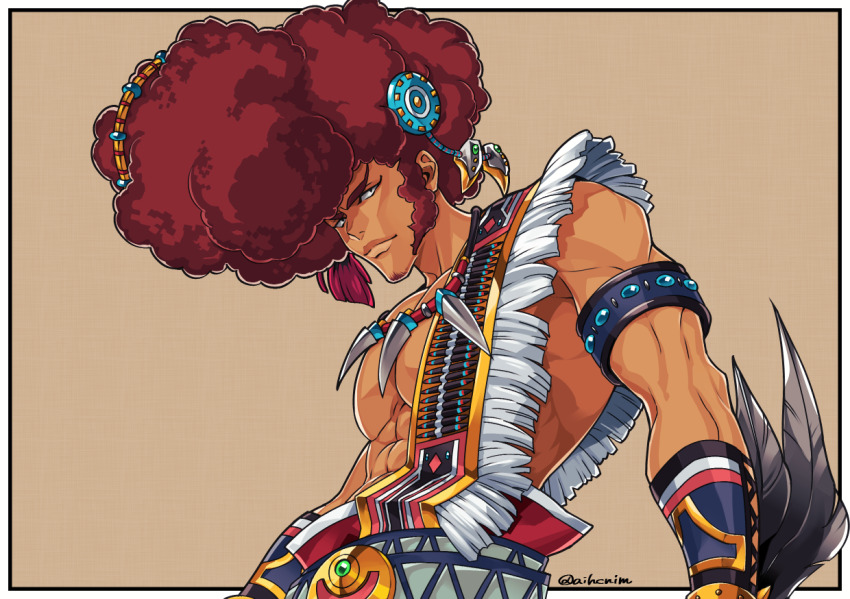 1boy, afro, agares_(megido72), armlet, beads, brown_hair, commentary_request, facial_hair