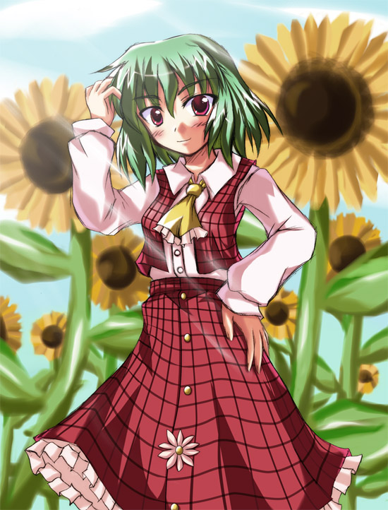 1girl, adjusting_hair, ascot, blush, female_focus, flower, green_hair, hand_on_own_hip