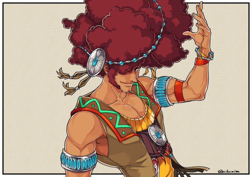 1boy, afro, agares_(megido72), armlet, beads, brown_hair, commentary_request, facial_hair