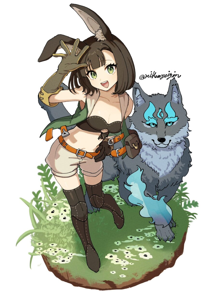1girl, :d, animal, animal_ears, bare_shoulders, boots, breasts, brown_hair