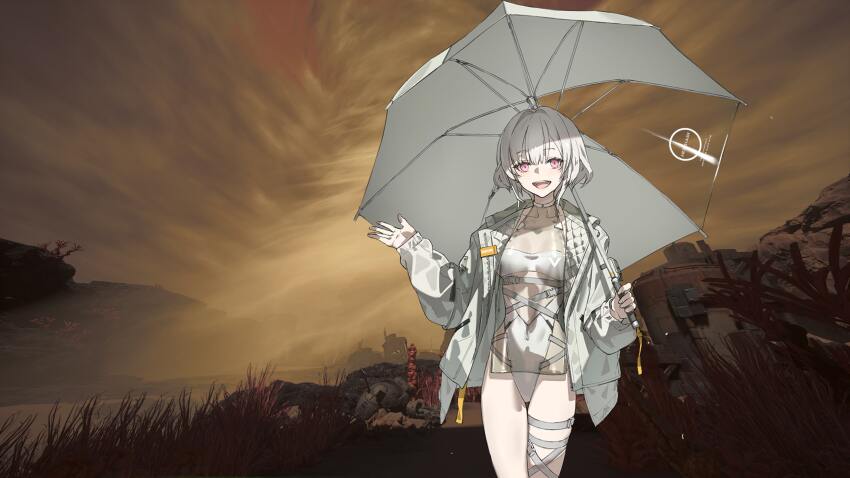 1girl, :d, absurdres, ada_(synduality), alternate_costume, android, belt, bob_cut