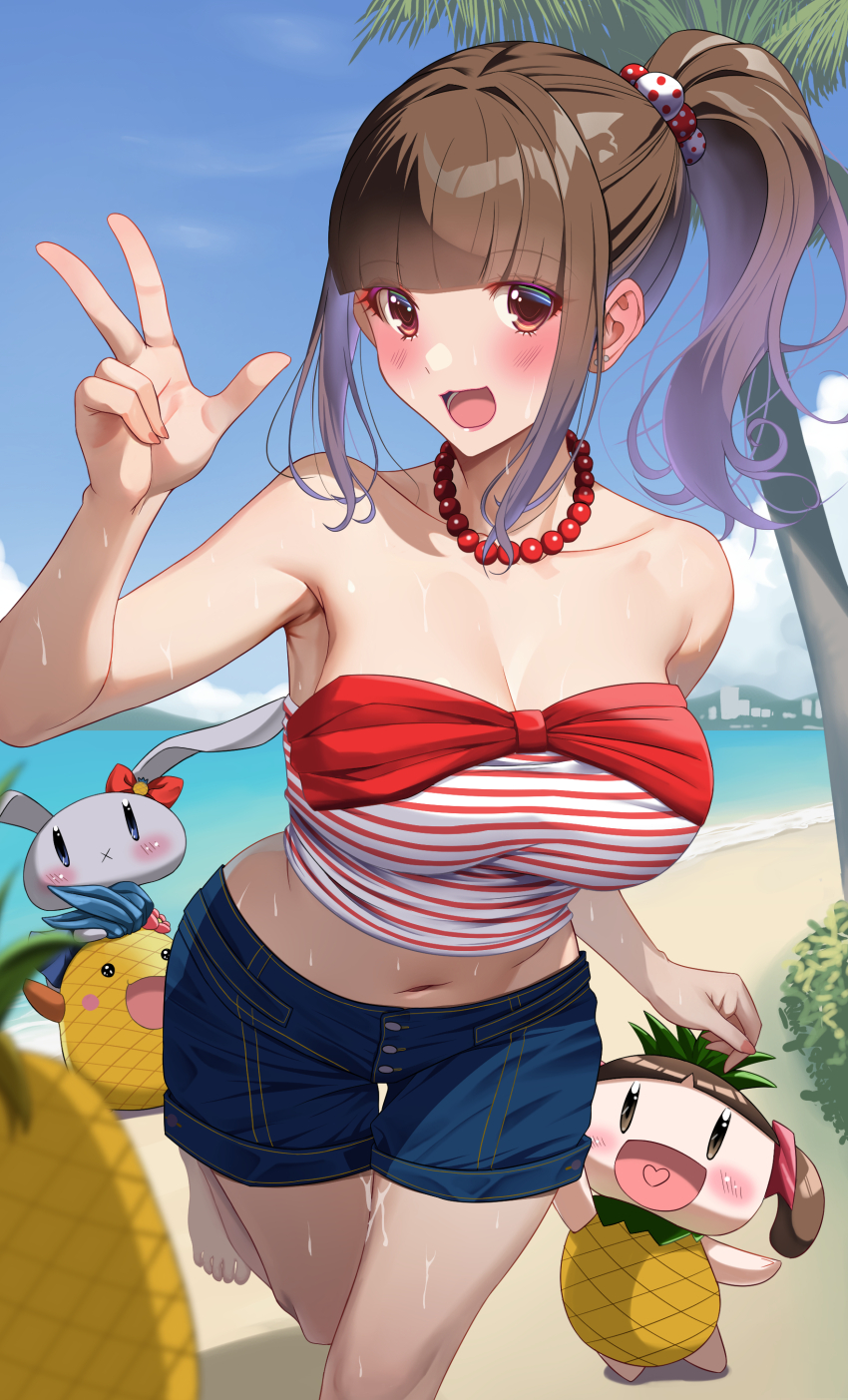 1girl, absurdres, akihiro0920, bad_source, bare_shoulders, barefoot, beach, bead_necklace