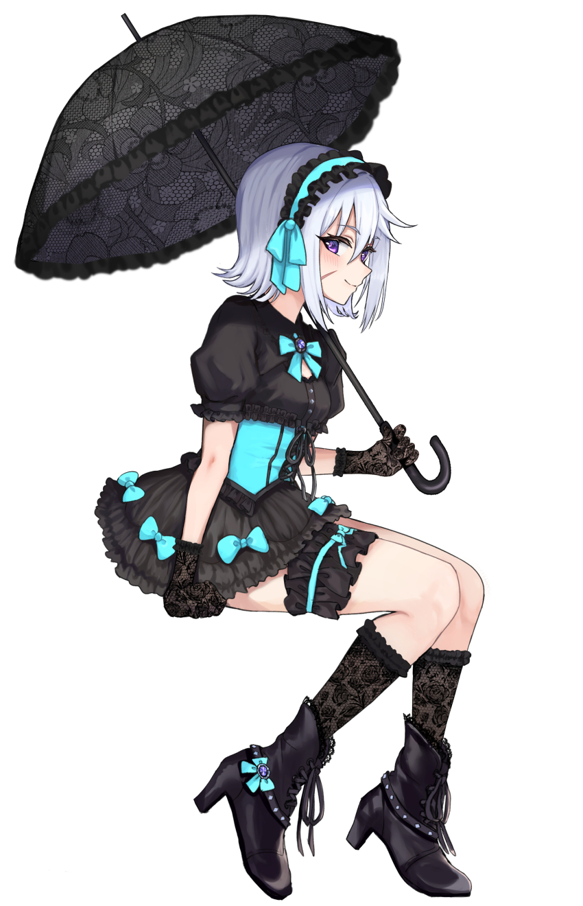 1girl, absurdres, ankle_boots, aqua_bow, aqua_bowtie, aqua_corset, aqua_hairband, aqua_ribbon