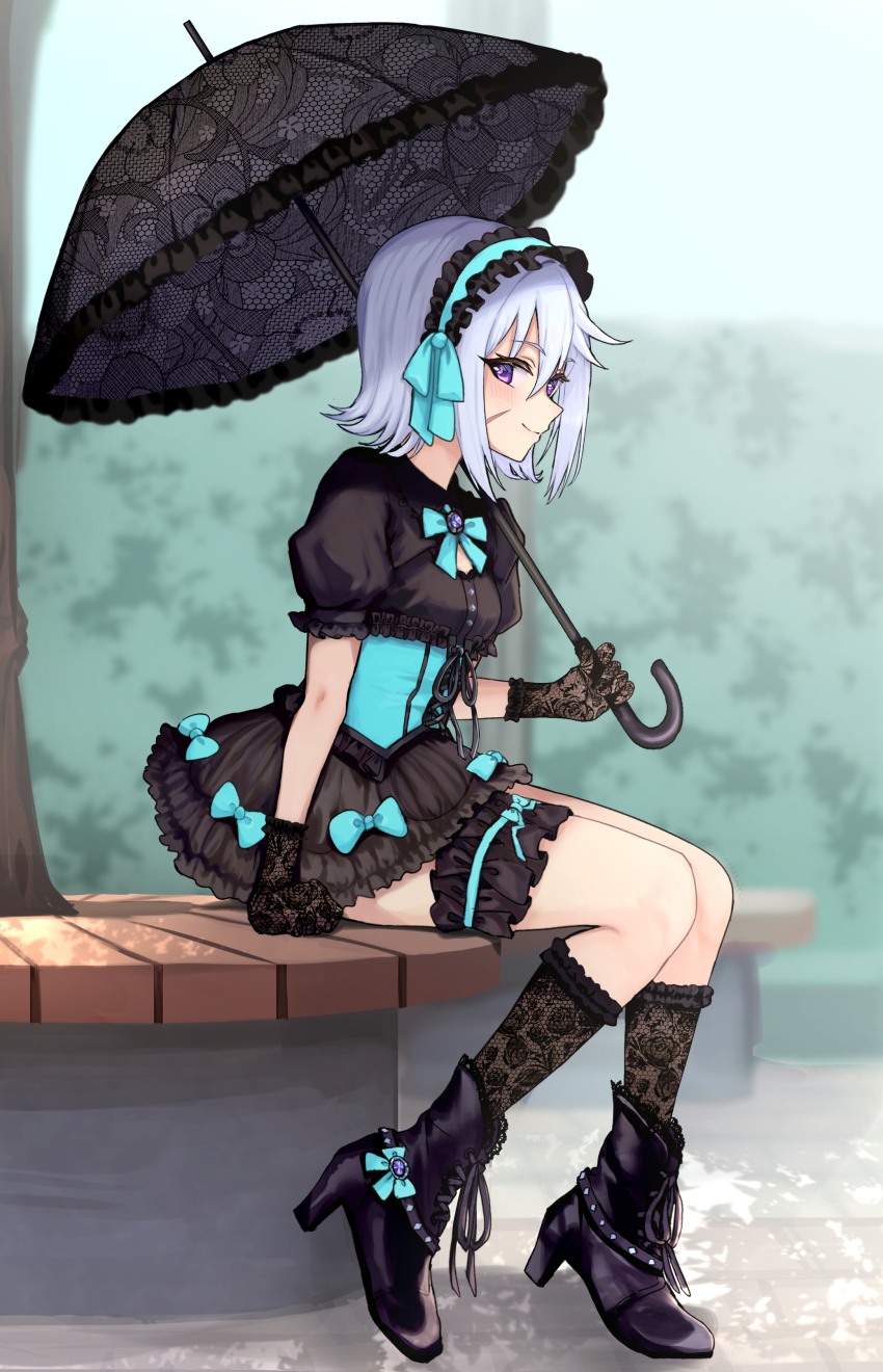 1girl, absurdres, ankle_boots, aqua_bow, aqua_bowtie, aqua_corset, aqua_hairband, aqua_ribbon, black_boots, black_dress, black_gloves, black_headdress, black_socks, black_umbrella, blush, boots, bow, bowtie, breasts, chris_(konosuba), closed_mouth, commentary, commission, corset, dress, english_commentary, gloves, gothic_lolita, hair_ribbon, hairband, highres, himari_ii, holding, holding_umbrella, kono_subarashii_sekai_ni_shukufuku_wo!, lace, lace_gloves, lace_socks, lace_umbrella, lolita_fashion, outdoors, puffy_short_sleeves, puffy_sleeves, purple_eyes, ribbon, second-party_source, short_hair, short_sleeves, sitting, small_breasts, smile, socks, solo, tree, umbrella