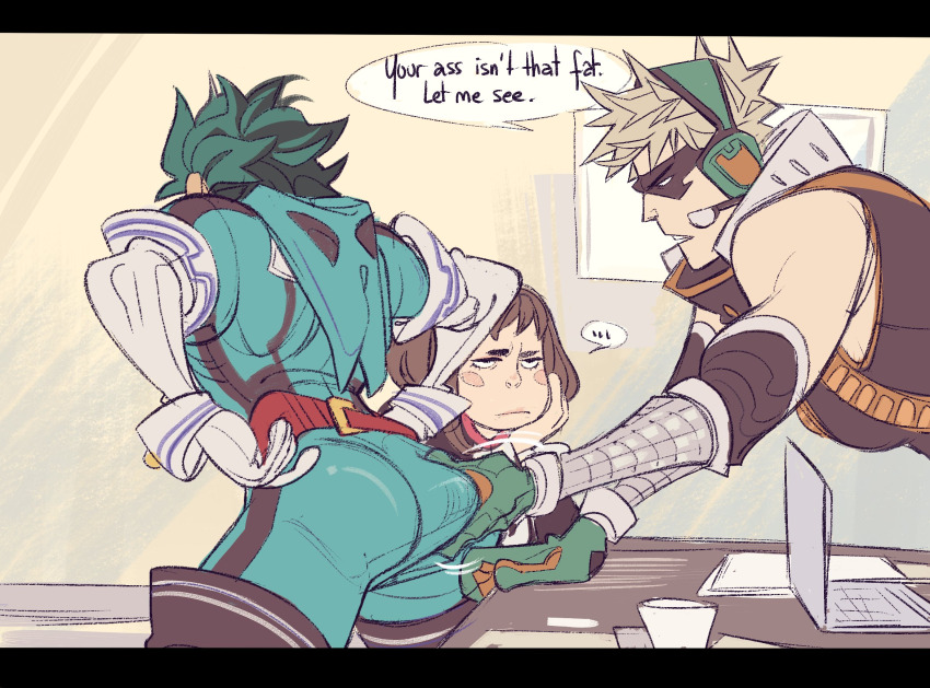 1girl, 2boys, adam22's_ass_grab_(meme), annoyed, ass, bakudeku, bakugou_katsuki, blonde_hair