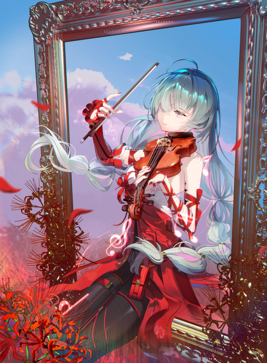 1girl, absurdres, bandage_over_one_eye, bandaged_arm, bandages, bare_shoulders, black_pantyhose, bow_(music), braid, casper_(fidio-koko), closed_mouth, commentary, detached_sleeves, dress, grey_eyes, grey_hair, highres, holding, holding_bow_(music), holding_instrument, holding_violin, instrument, long_hair, low_twin_braids, multicolored_hair, nail_polish, pantyhose, phrolova_(wuthering_waves), picture_frame, red_dress, red_nails, red_pupils, single_detached_sleeve, sitting, solo, streaked_hair, tacet_mark_(wuthering_waves), twin_braids, violin, wuthering_waves