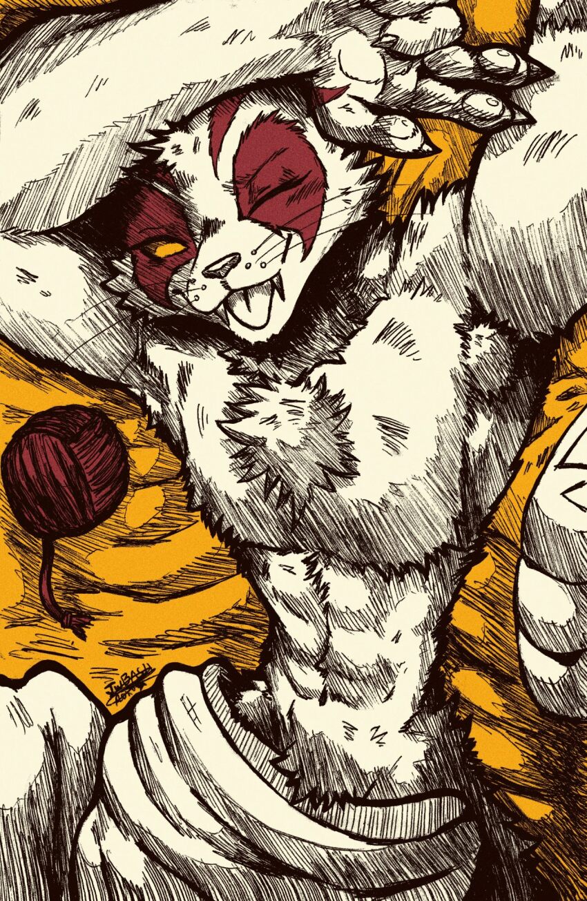 1boy, abs, armpit_hair, armpits, bara, biceps, claws, commentary, english_commentary, fortnite, furry, furry_male, highres, jwbash, looking_at_viewer, lying, male_focus, mouth_hold, muscular, muscular_male, navel, nyanja_(fortnite), one_eye_closed, open_mouth, partially_colored, pawpads, pectorals, selfie, smile, stalk_in_mouth, tongue, tongue_out, topless_male, upside-down, yarn, yarn_ball