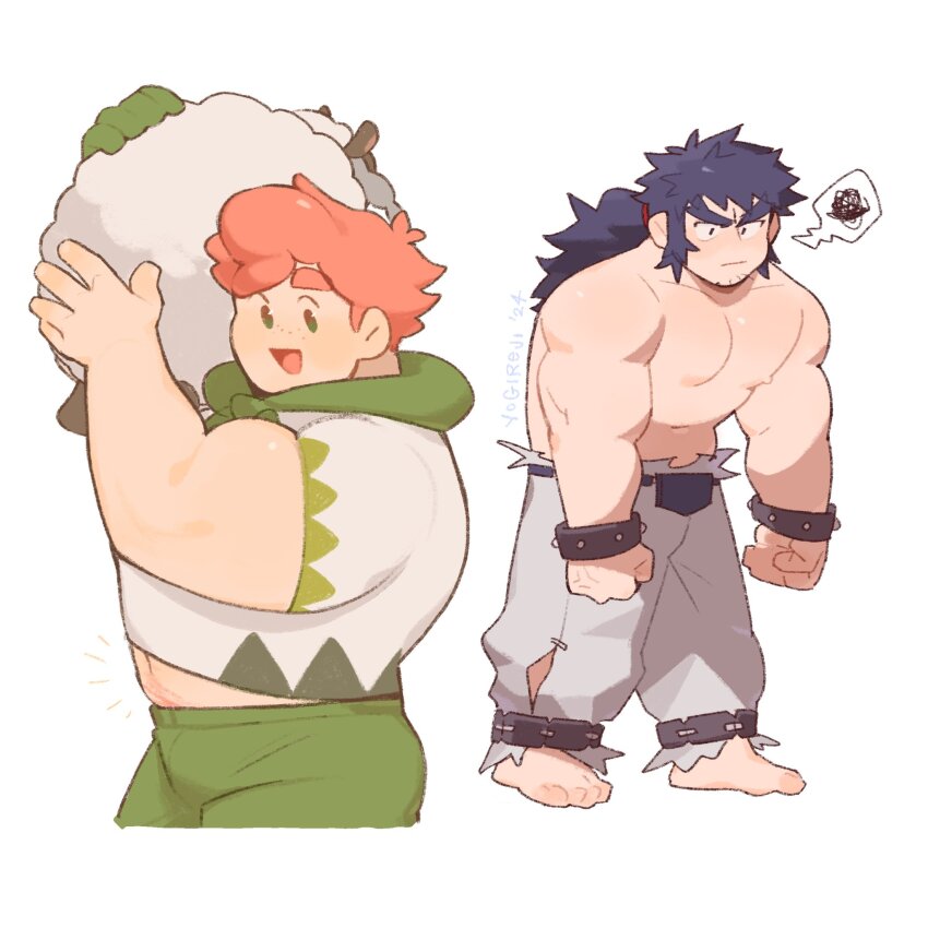 1other, 2boys, anklet, bara, beard_stubble, black_hair, bracelet, bruno_(pokemon)