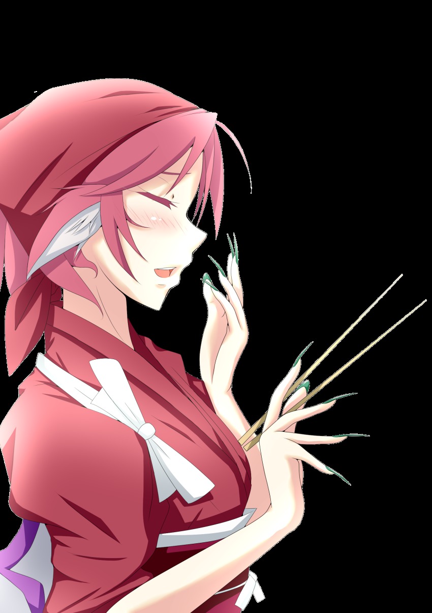 1girl, absurdres, alternate_costume, animal_ears, blush, brown_headscarf, chopsticks, closed_eyes