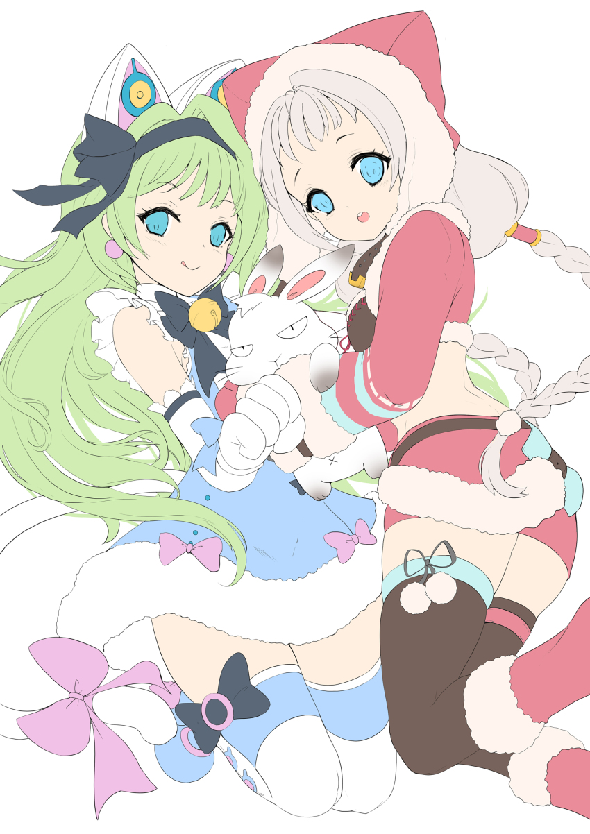 2girls, :o, :q, absurdres, animal, animal_ears, animal_hood, artist_request