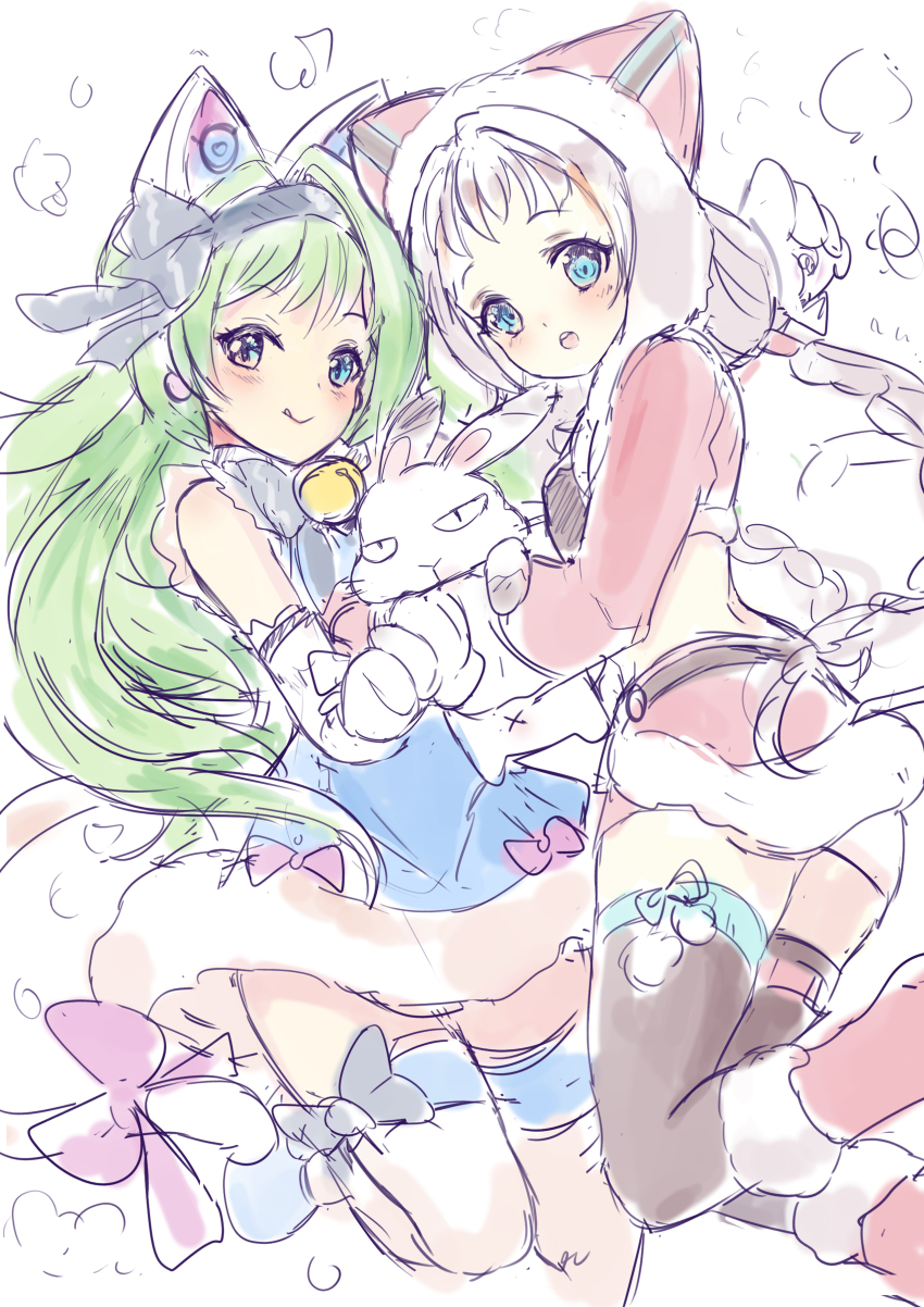 2girls, :o, :q, absurdres, animal, animal_ears, animal_hood, artist_request