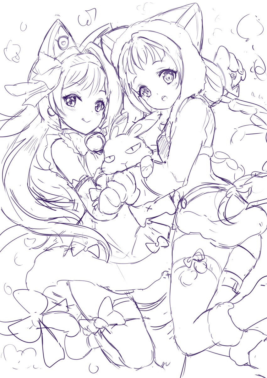 2girls, :o, :q, absurdres, animal, animal_ears, animal_hood, artist_request