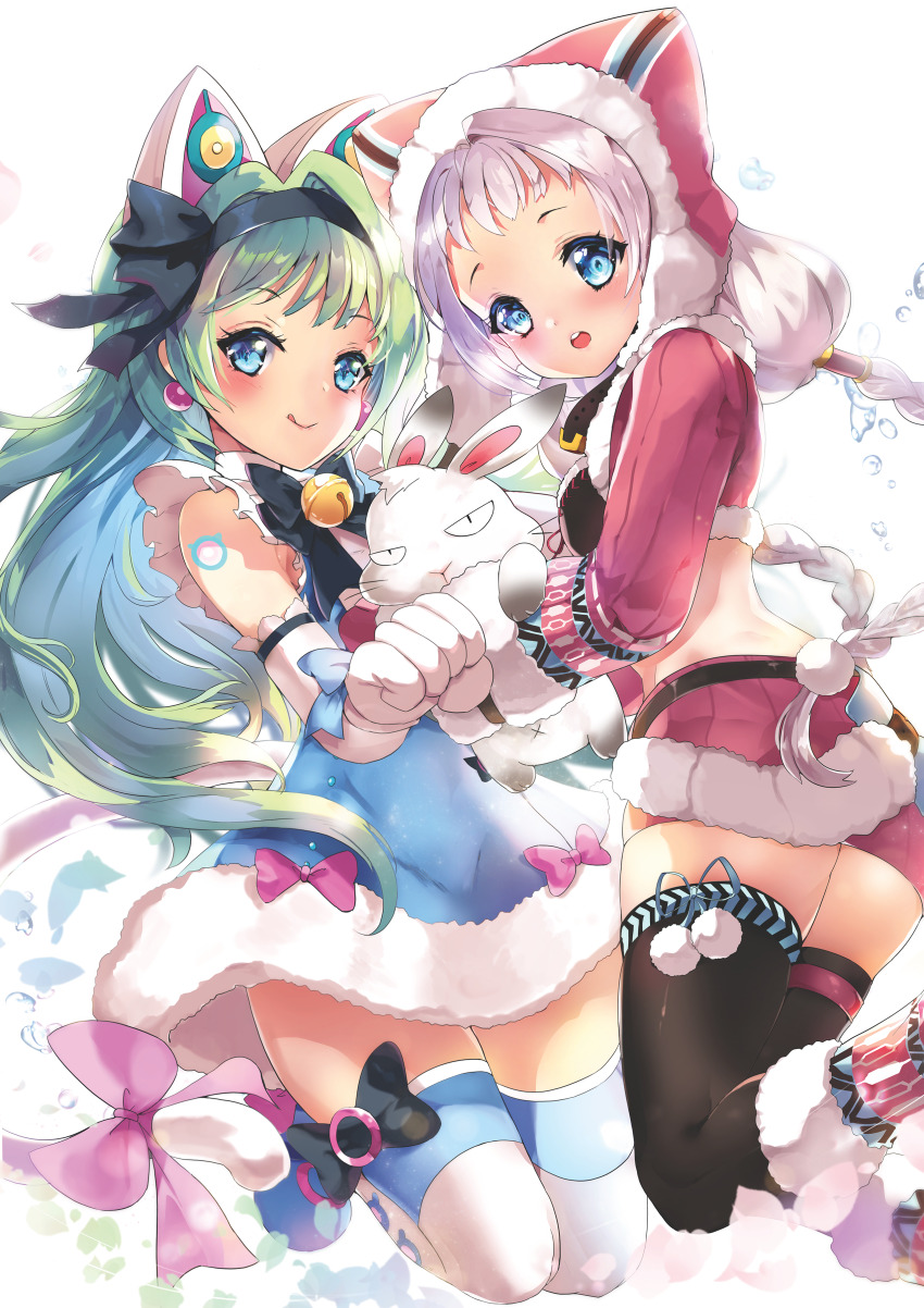 2girls, :o, :q, absurdres, animal, animal_ears, animal_hood, artist_request